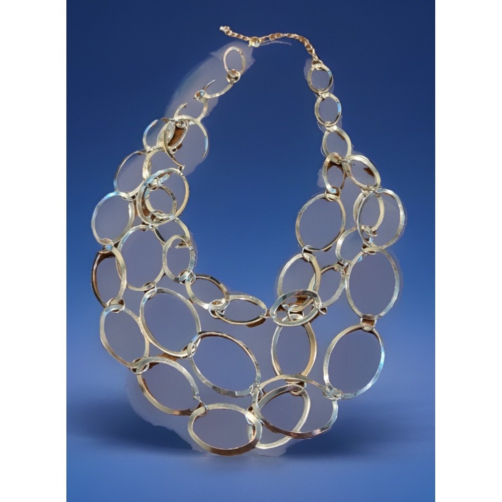 Chunky Silver Oval Link Bib Necklace Multi Strand Statement Costume Jewelry